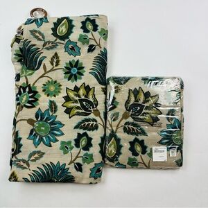 World Market Spring Bliss Jute Floral Teal Brown Curtain Panel Size 48 x 96 in.